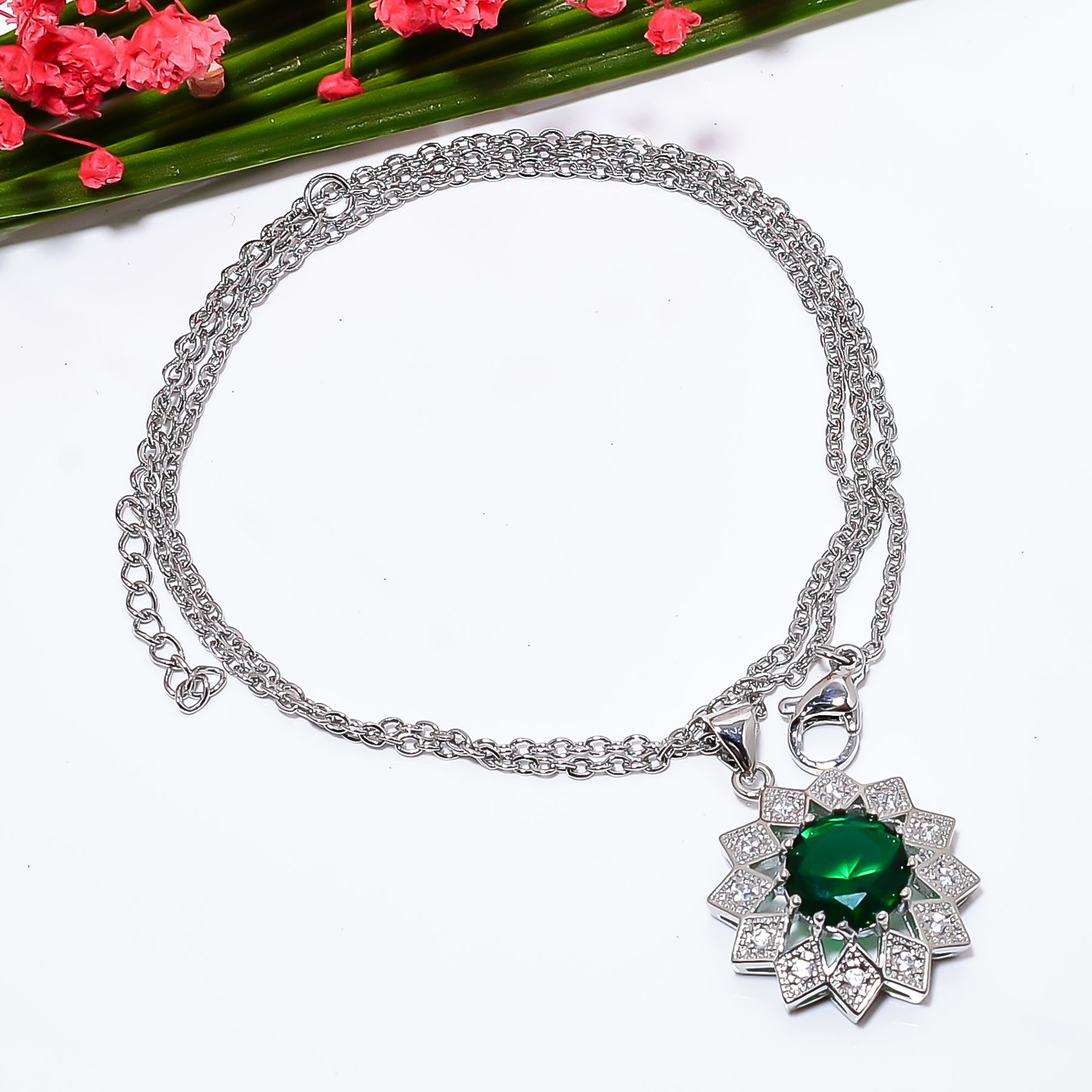 Chrome Diopside & Cz 925 Sterling Silver Floral Pendant With Chain 18-20″ CP8124
