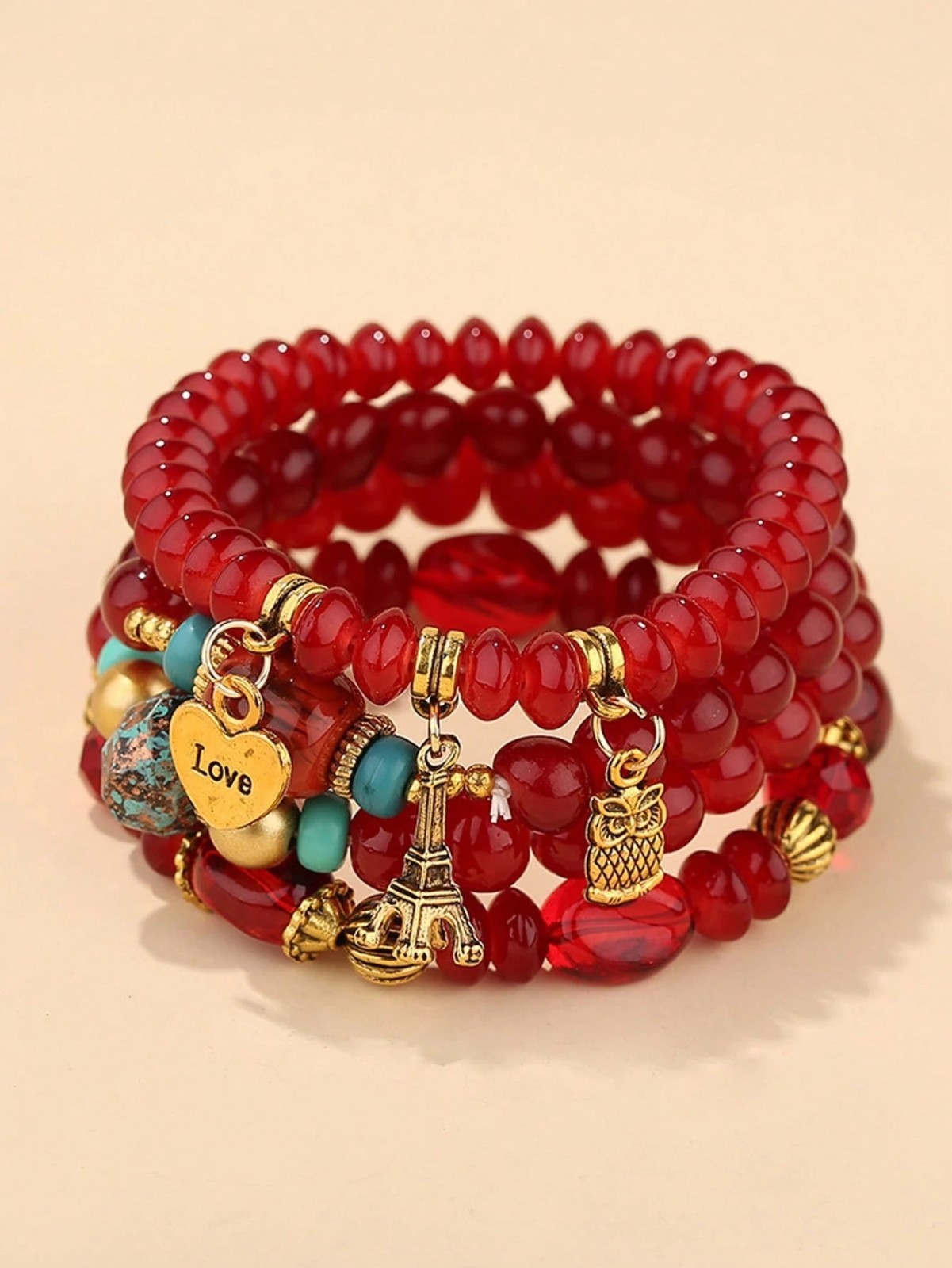 4PCS Boho Beaded Layered Bracelets Heart Owl Ladies Girls Women’s Jewelry Gift