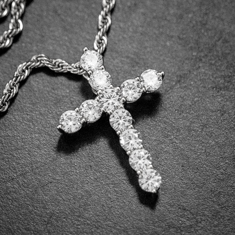Iced Cz Elegant Small White Gold Hip Hop Cross Pendant Rope Chain Necklace