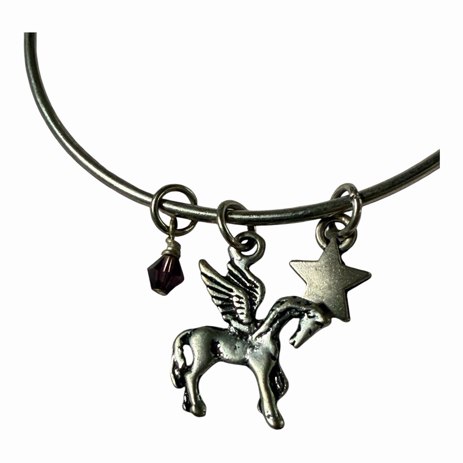 Silver Tone Metal Charm Bangle Bracelet, Dangle Pegasus/Unicorn, Star Charms
