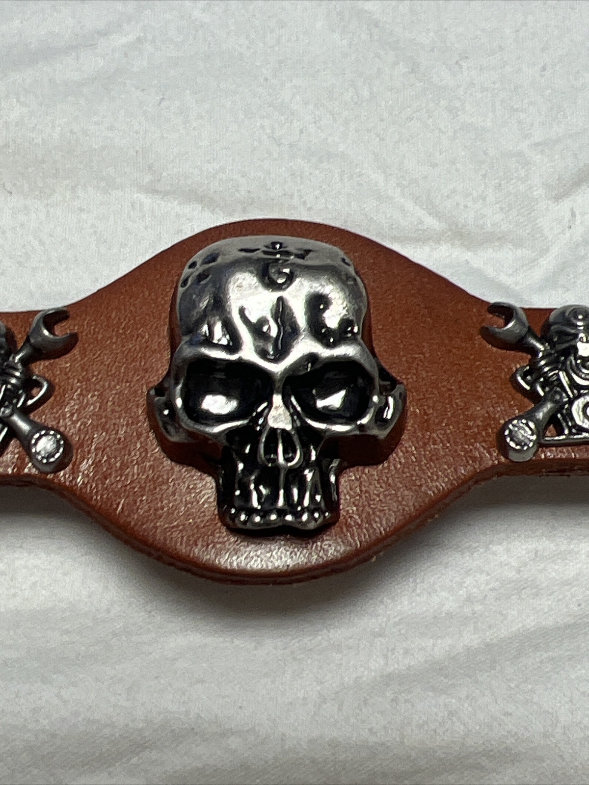 Evil Skull Biker Bracelet Brown Wide Leather bracelet Mechanic Wrench SkullsNWOT