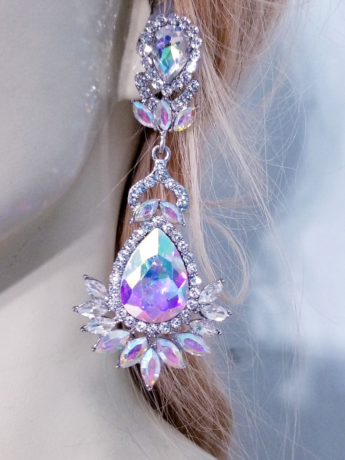 AB Drop Dangle Chandelier Rhinestone Crystal Pageant Bridal Earrings 3.9 Inch