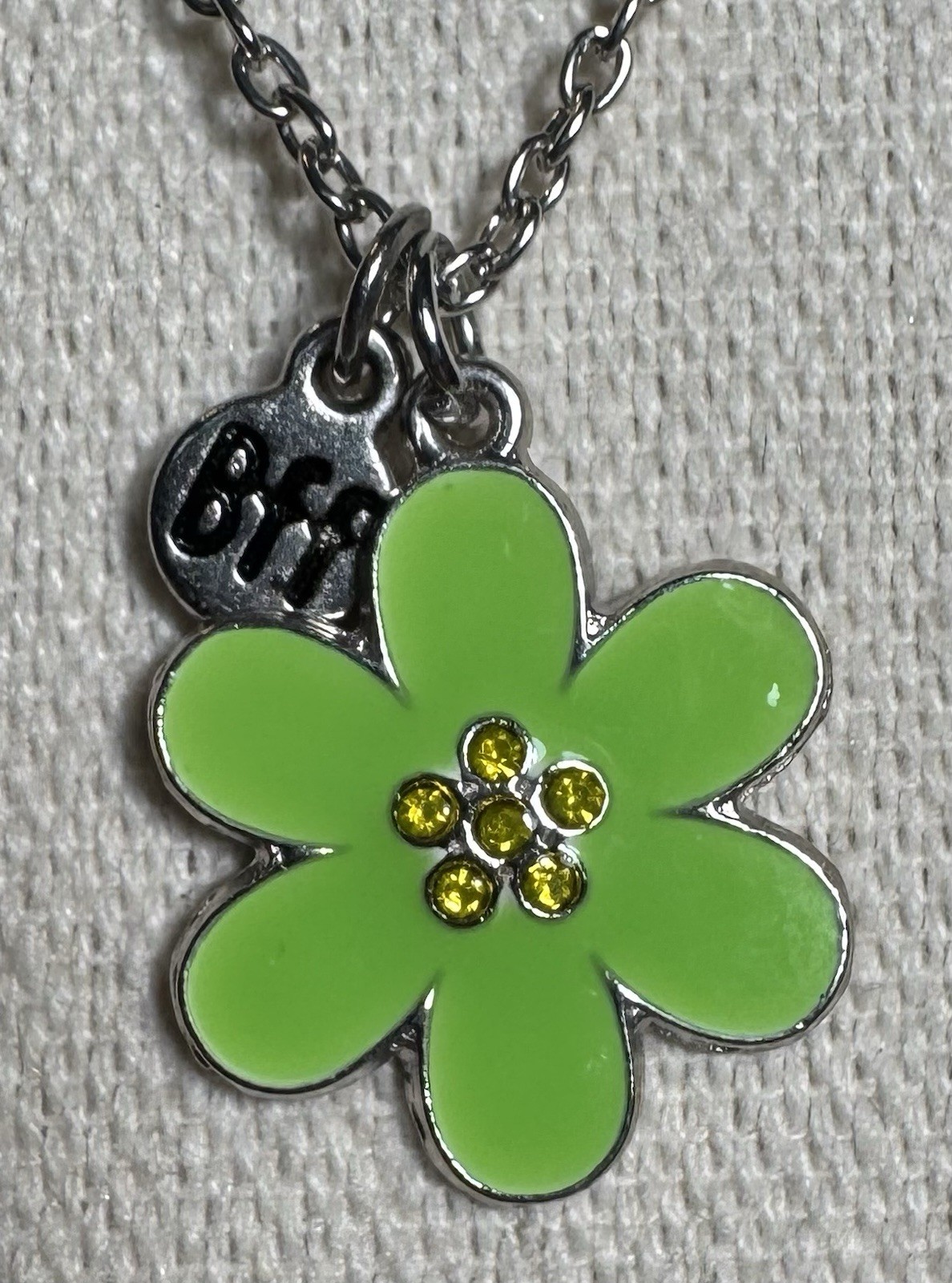 Adorable Silvertone & Lime Green Enamel BFF Flower Charm Pendant On Chain