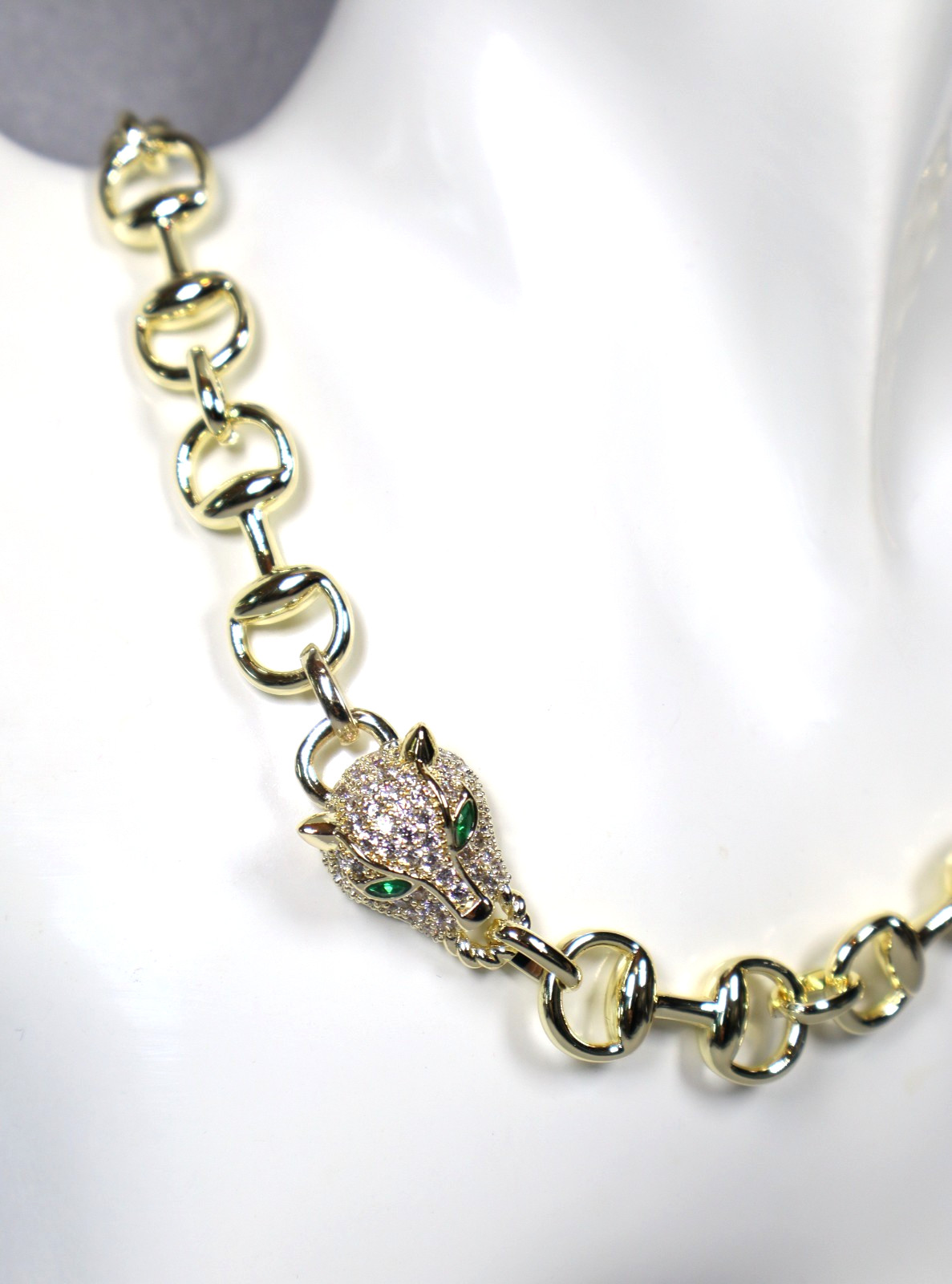 Statement Gold Panther Necklace Large Bling Cubic Zirconia Green White Gemstones