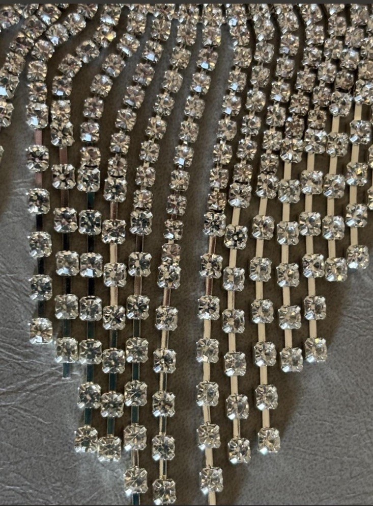 Silver-Tone Rhinestone Crystal Fringe Statement Bib Necklace, Adjustable Lobster