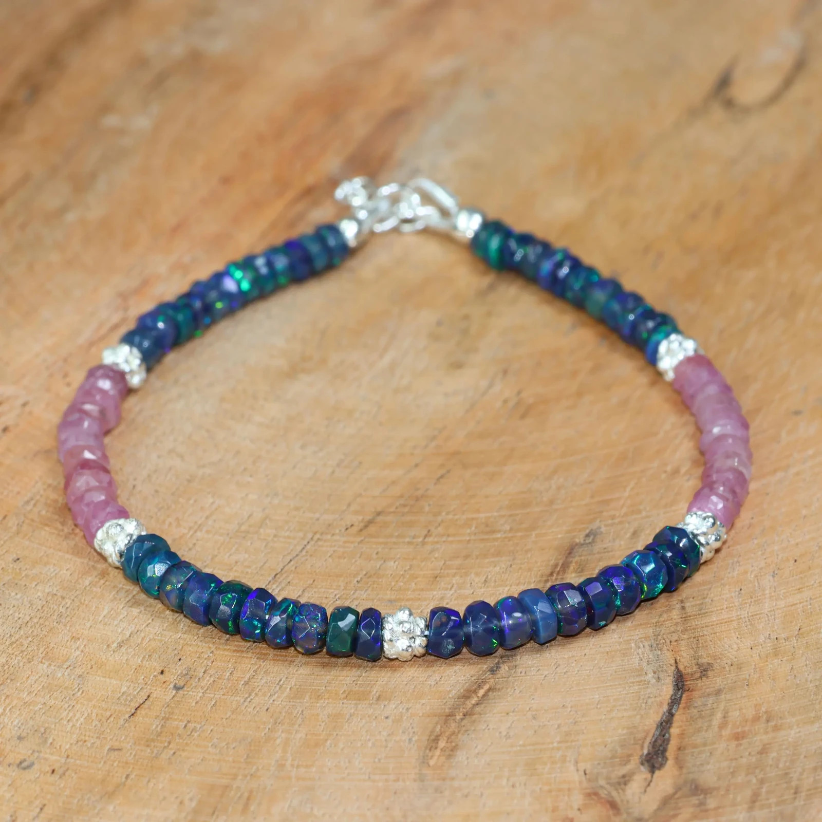 Black Opal and Pink Ruby Faceted Beads Bracelet,Natural Gemstone Beaded Bracelet