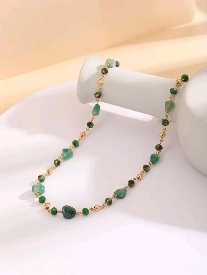 Green Stones with Gold Accent Fashionable Long Necklace For Everyday Wear