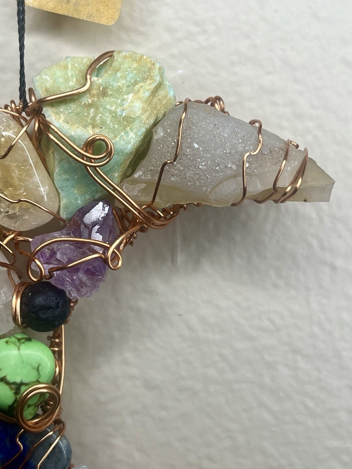 Wire Wrapped Crescent Moon Wall Hanging Amethyst Quartz Opalite Red Coral Copper
