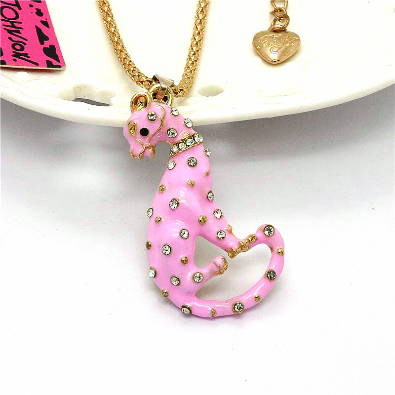 Pink Enamel Crystal Leopard Cute Pendant Fashion Women Sweater Chain Necklace