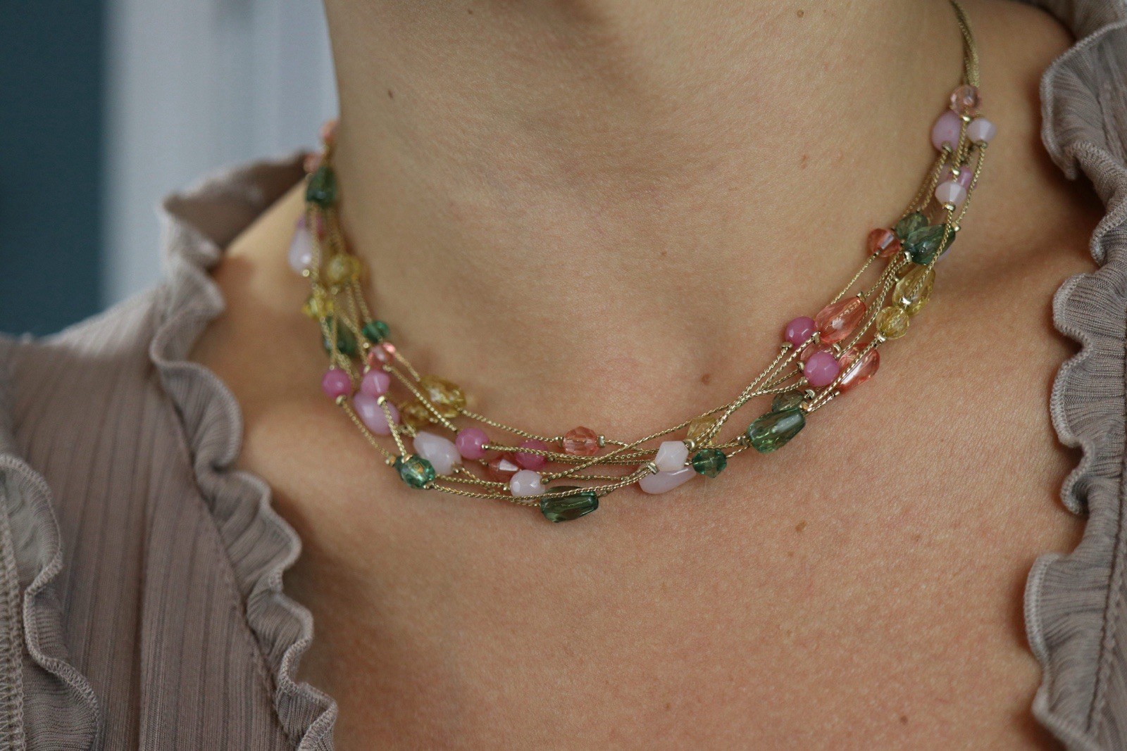 Multi-Strand Gold-Tone Beaded Necklace – Pink, Green & Amber Glass & Stone Beads