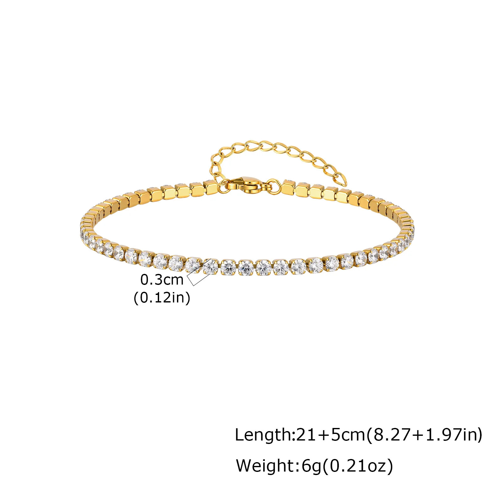 2/3/4/5mm Shiny Zircon Tennis Ankle Bracelet for Women, 18K Gold Plated Stainles