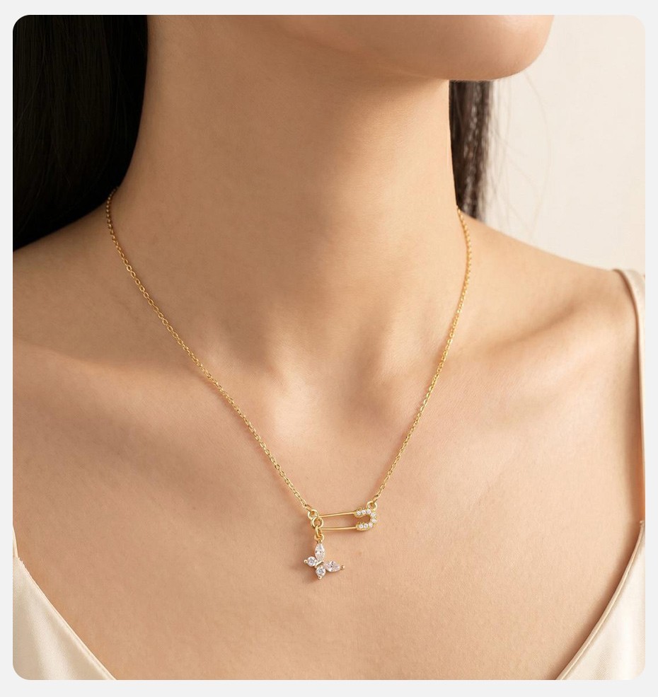 Safety Pin Butterfly Flower Necklace CZ Fishtail Charm Choker Jewelry Women