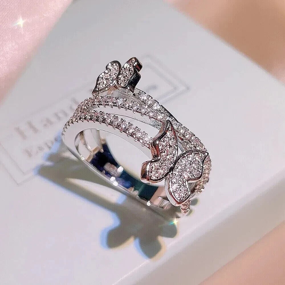 Round Cut Simulated Diamond Butterfly Engagement Ring In 14K White Gold Plated