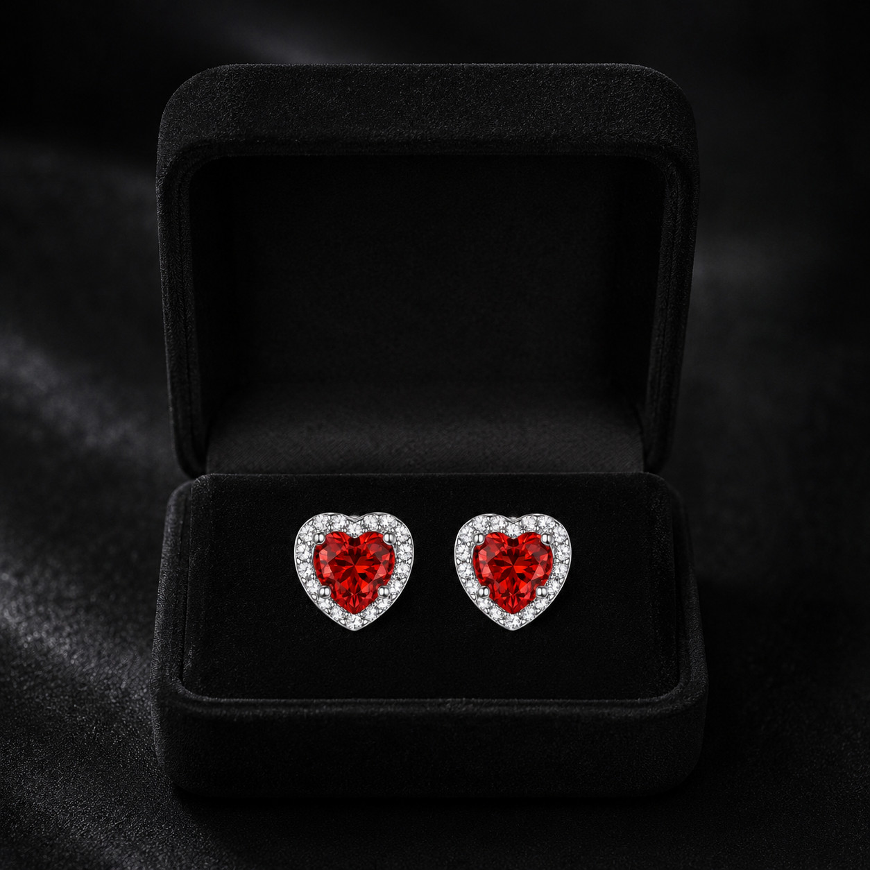 Heart Red Simulated Ruby Halo Stud Earrings 925 Silver White Gold Plated