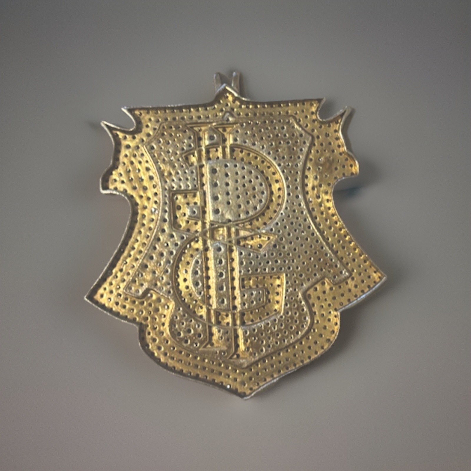 Gold Tone Shield Dollar Sign Charm Pendant Pavé moissanite diamond White Round