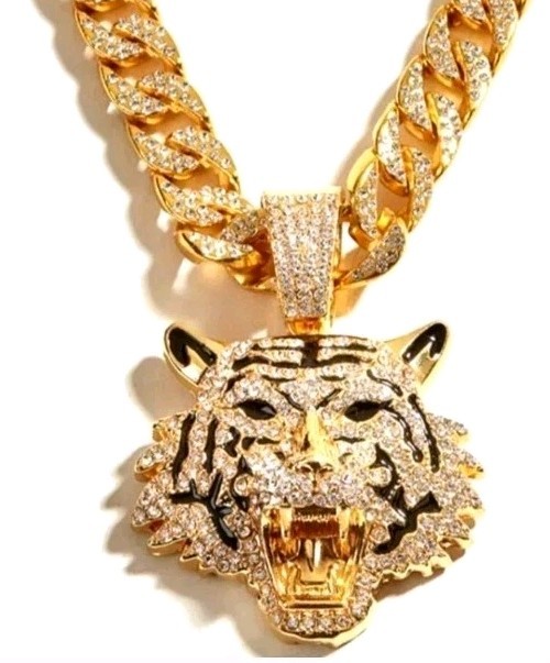 Mens Shiney Simulated Diamond Tiger Cuban Chain Goldplated Necklace & Pendant
