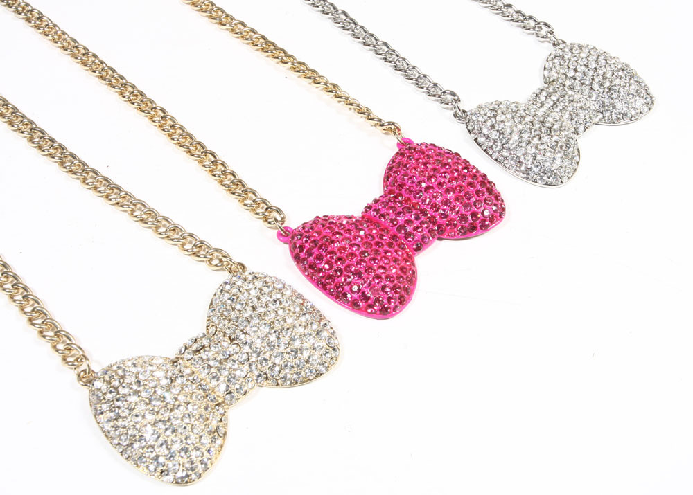 Women’s Kitty Bow Tie Bling Bling Necklace cute gold silver pink medium bow