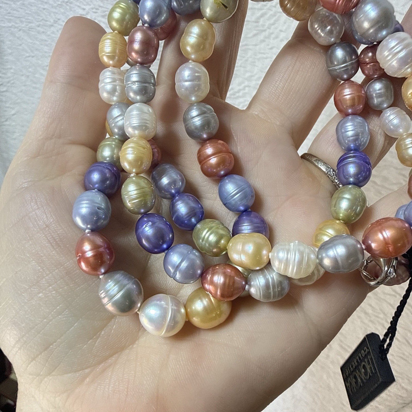 Honora Pearl Necklace Multicolor Ringed Sterling Silver Purple Green Blue 36″