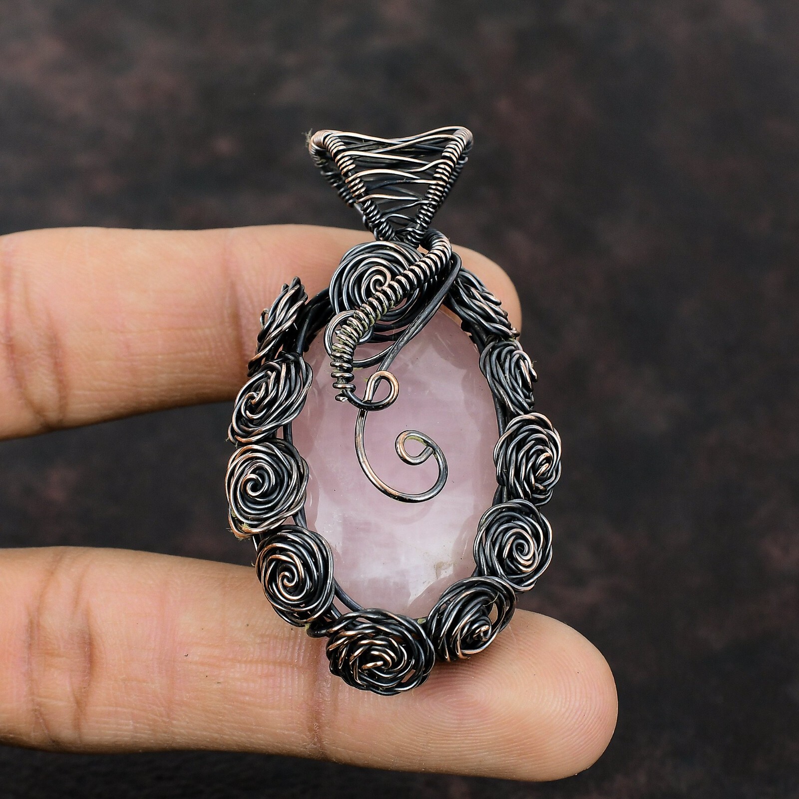 Rose Quartz Wire Wrapped Flower Pendant Handcrafted Copper Valentine Gift 2.28″