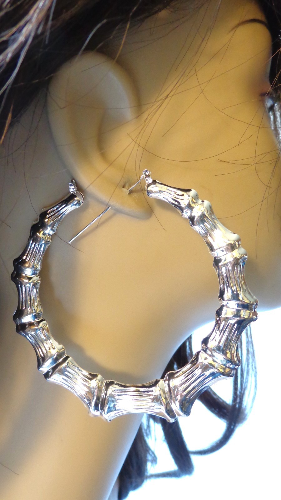 BIG BAMBOO HOOP EARRINGS FULL HOOP EARRINGS GOLD OR SILVER TONE 3.5 INCH HOOPS