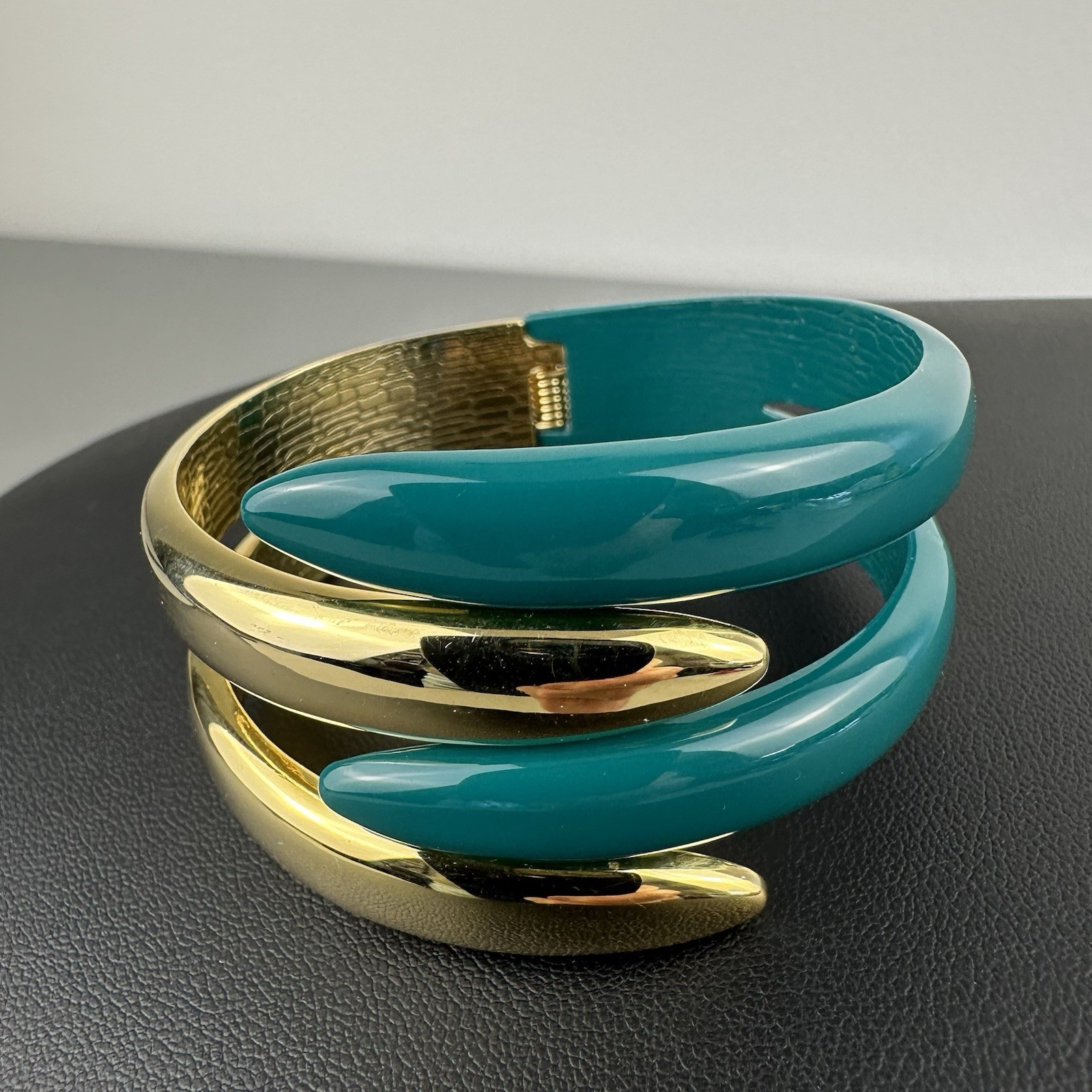 Vintage Cuff Bracelet Gold Tone Teal Enamel Hinged Statement Wide 6″