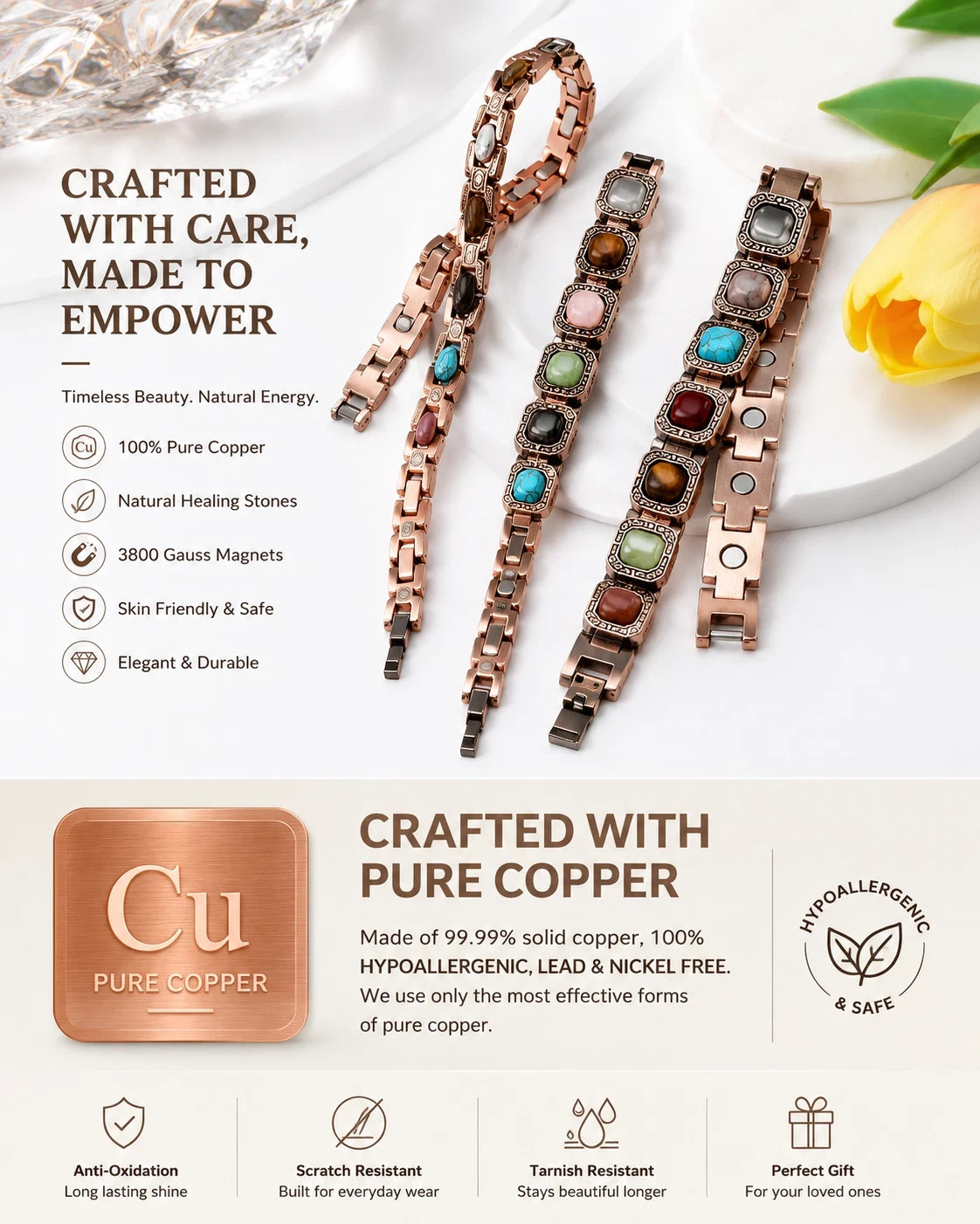 99.99% Pure Copper Magnetic Cuff Bracelet Women Natural Stone Gift
