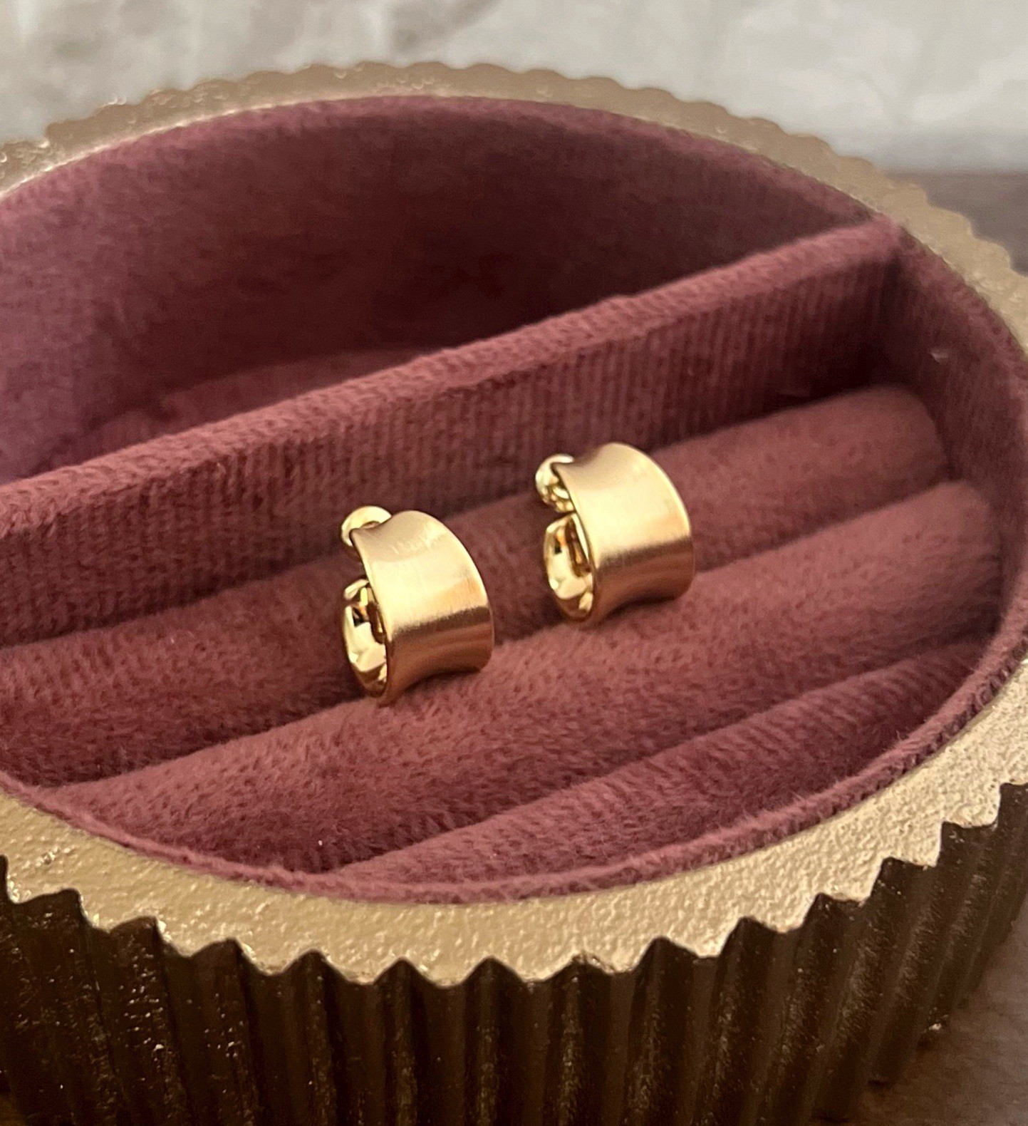 14K Gold Plated Wide-Band Hoop Stud Earrings Semi-Matte Small Hoop Earrings 14mm