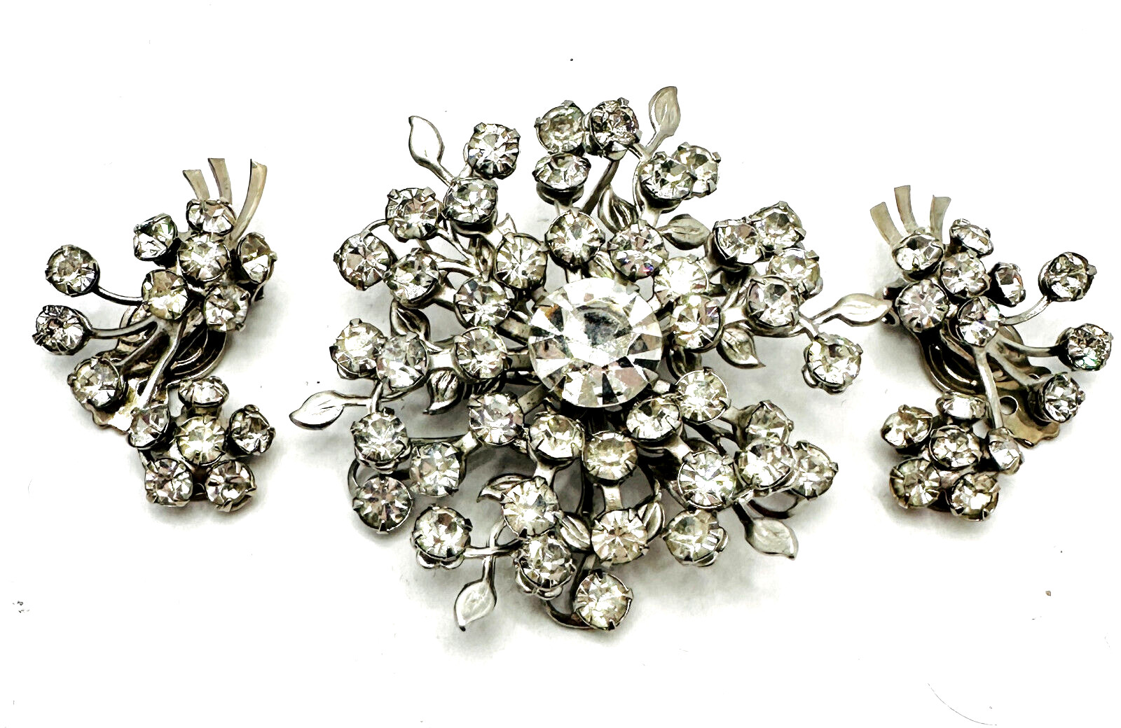 Beautiful Vtg Beau Jewels? Sparkly Rhinestone Brooch Earrings Set Leaf Floral