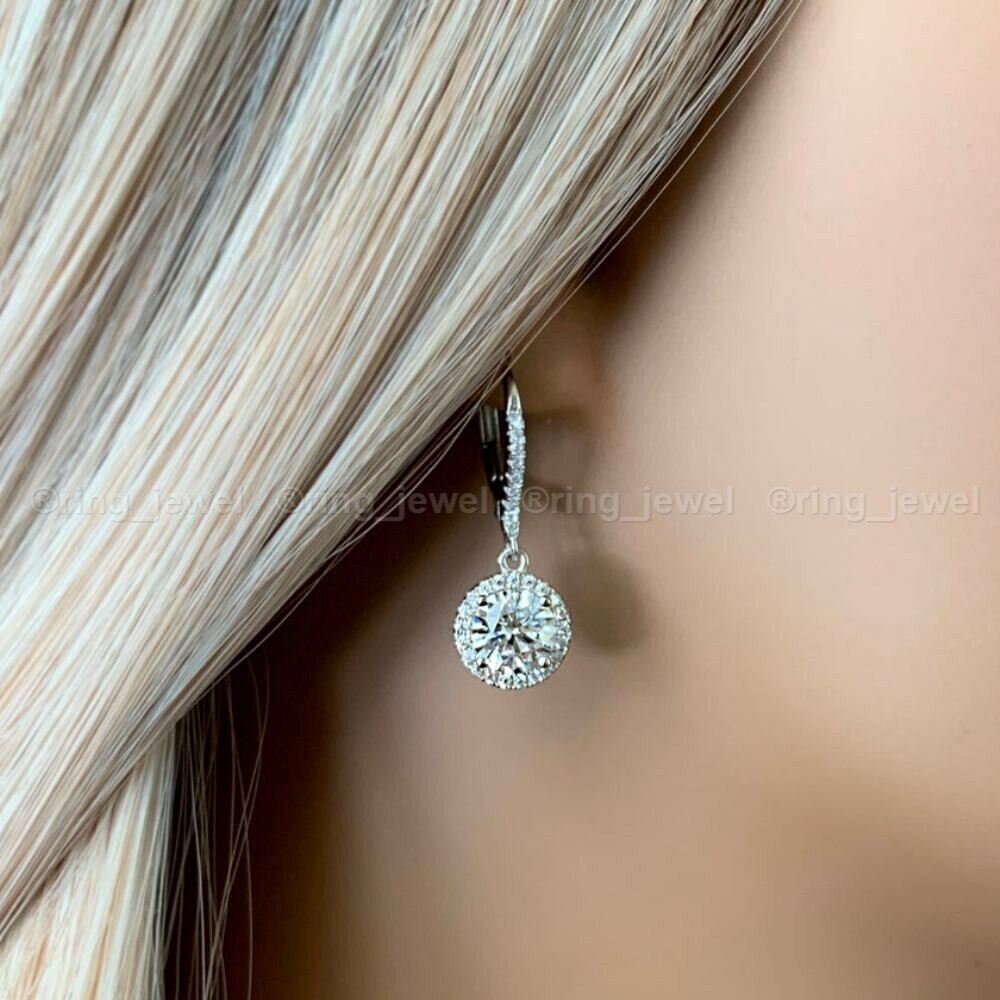 Moissanite Drop/Dangle Earrings Solid 14K White Gold 3.00 CT Round Cut For Gift