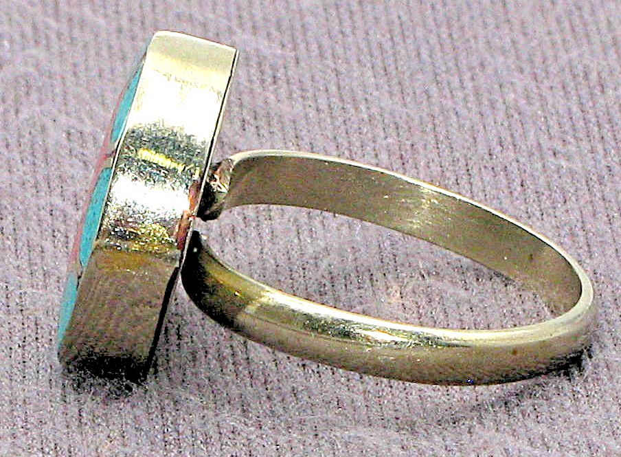 Handcrafted Tibetan Silver Coral Turquoise Inlay Cocktail Ring Adjustable 9
