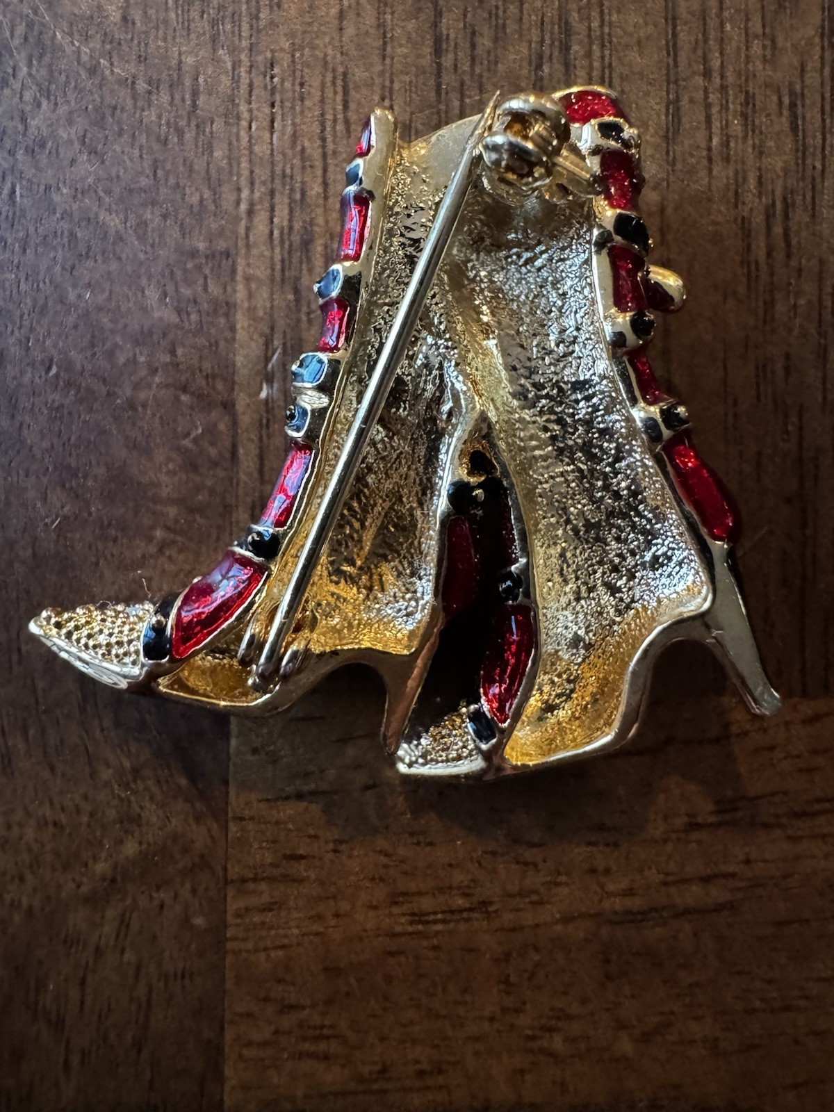Gold Tone Red Black Enamel High Heel Boots Brooch Pin Costume Rhinestones