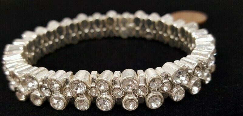 NEW SILVER BEZEL SET DOUBLE ROW CRYSTAL RHINESTONE STRETCH TENNIS BRACELET V215
