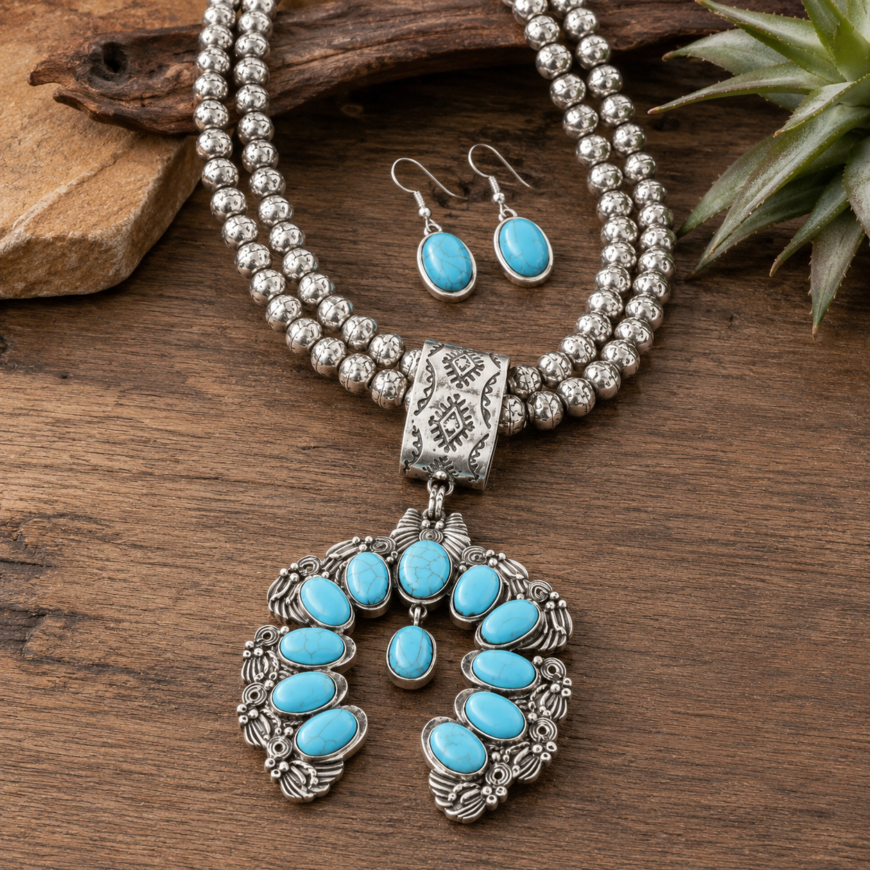 Large Western Turquoise Squash Blossom Necklace & Earrings Set