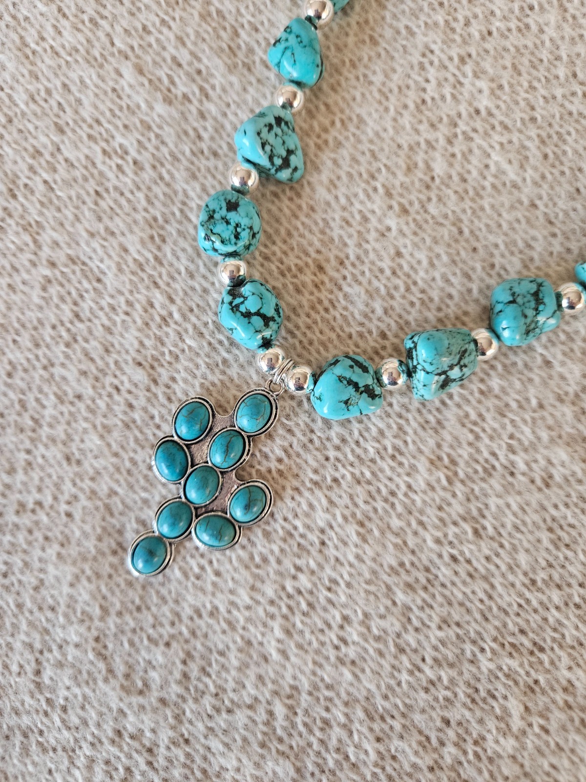 Faux Turquoise Magnesite Necklace w/ Saguaro Cactus Pendant Southwestern Jewelry