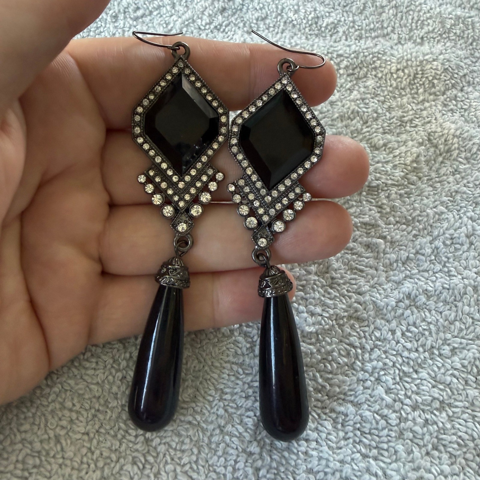 Black Art Deco Gothic Chandelier Drop Earrings Gunmetal Rhinestone Statement