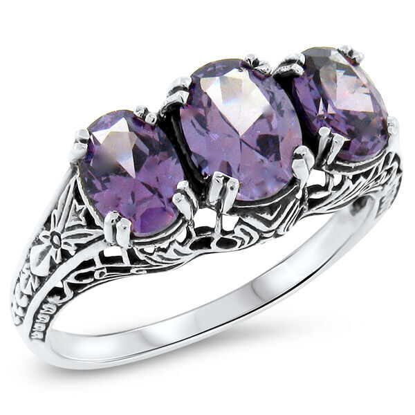 COLOR CHANGING 925 STERLING SILVER THREE-STONE SIMULATED ALEXANDRITE RING 422X
