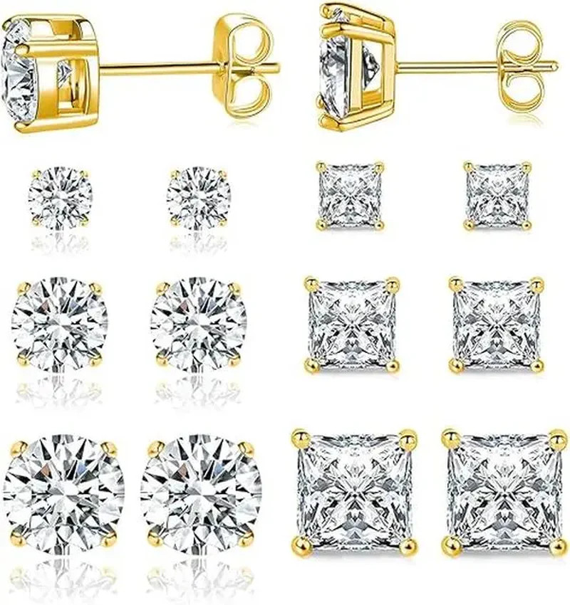 Dazzling 18K White & Yellow Gold Hypoallergenic CZ Stud Earrings Set