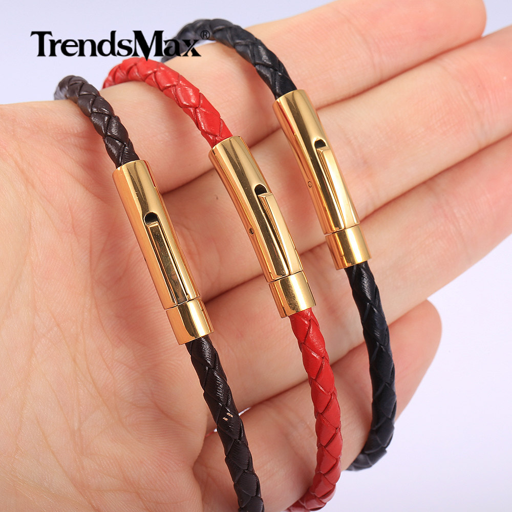 4/6mm Red/Brown/Black Braided Leather Rope Bracelet Stainless Steel Gold Clasp