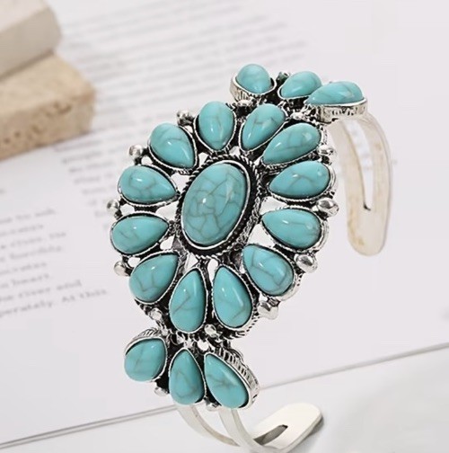 Turquoise Cuff Bracelet Western Boho Silvertone Jewelry Boho