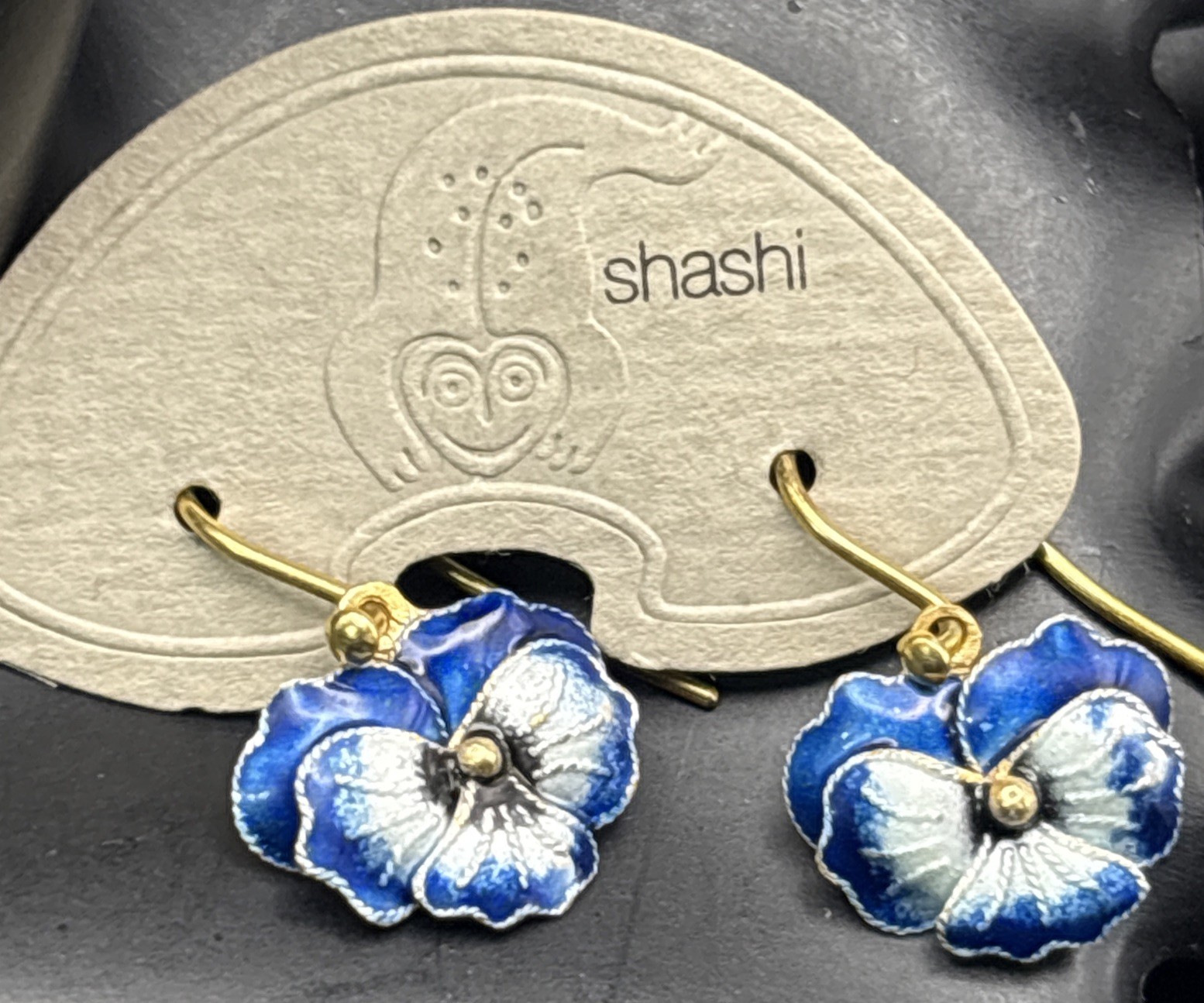 Shashi Earrings Sterling Silver Blue Enamel Gold Wash Pansy Dangle Dainty .75”￼