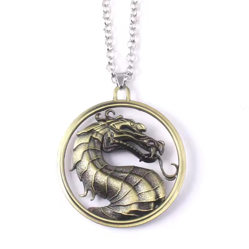 Mortal Kombat II Style Dragon Emblem Pendant Necklace Unisex 1.75″ in Bronze