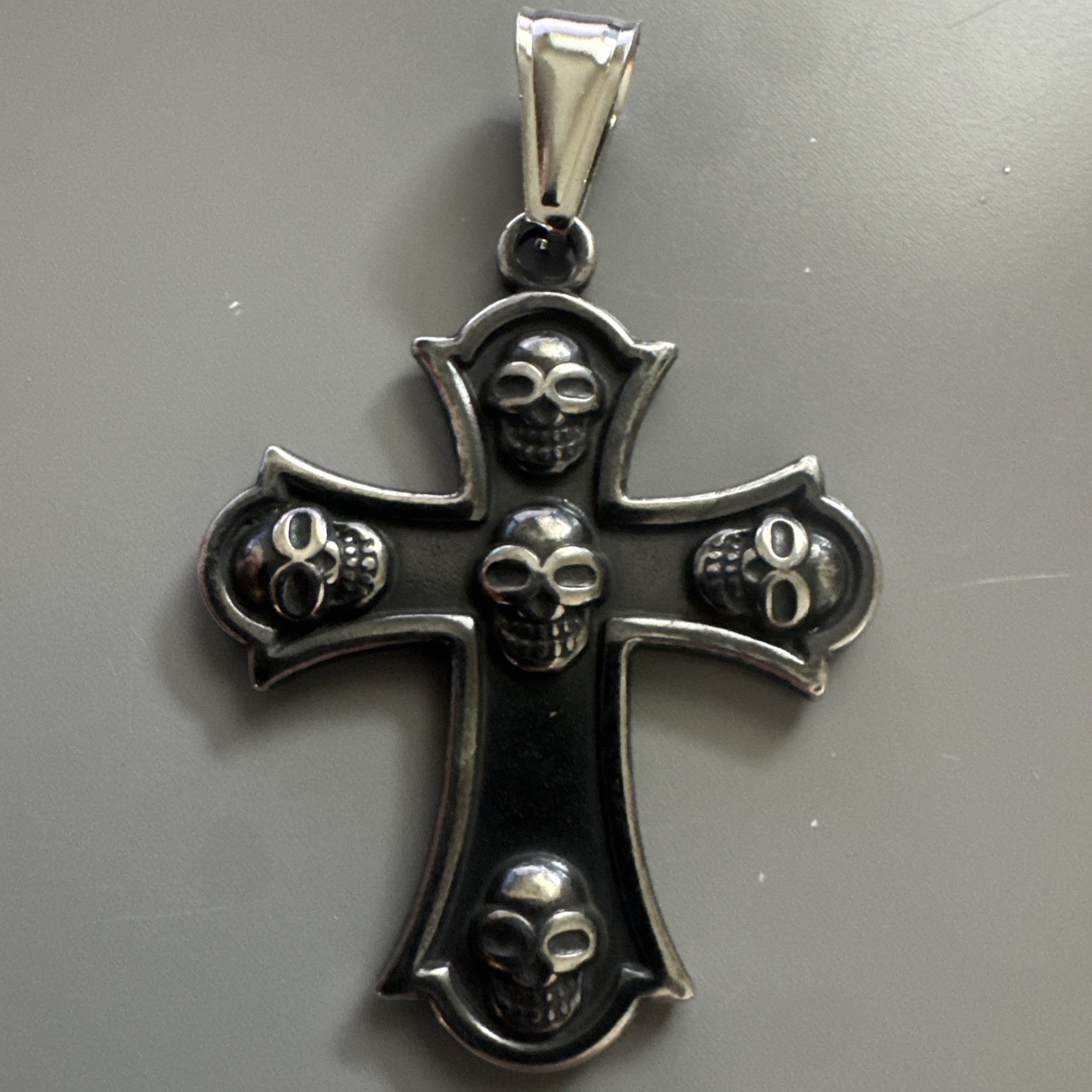 Cross Skull Sword Bones Stainless Steel Pendant 24 Inch Box Chain Viking Faith