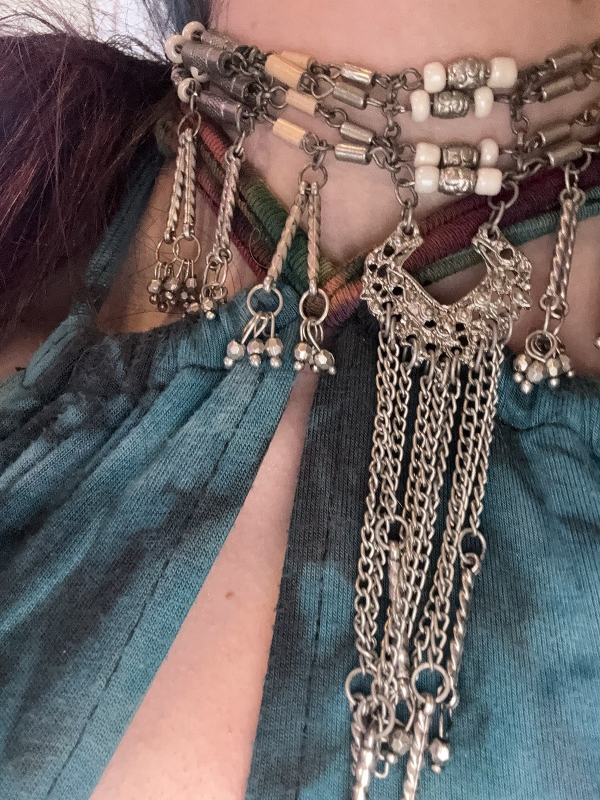 Silver Tone Boho Multi-Strand Beaded Choker Adjustable Cable Chain Charm Fringe