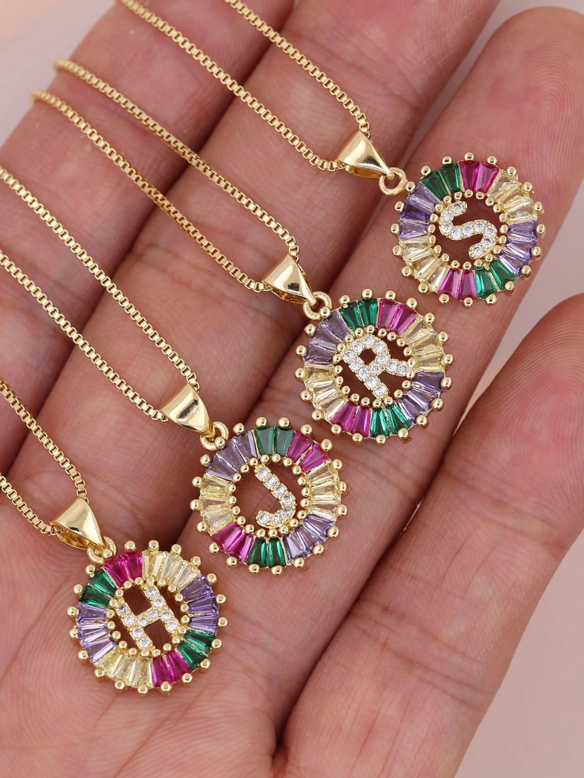 Gold Plated Rainbow CZ Initial Letter Necklace Pendant Women Personalized Gift