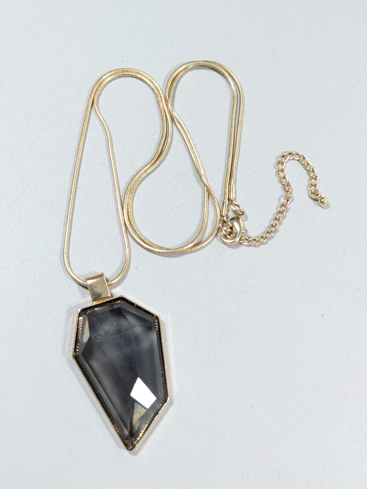 Gold Tone Smoky Gray Acrylic Cabochon Pendant Long Necklace 31 inch