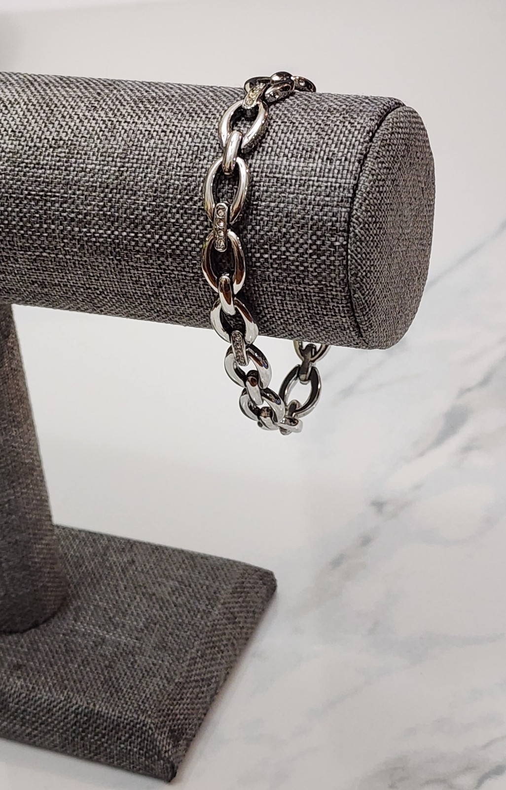 Womens Silver Tone Mixed Link Bracelet With Crystal Accents Adjustable Size EUC