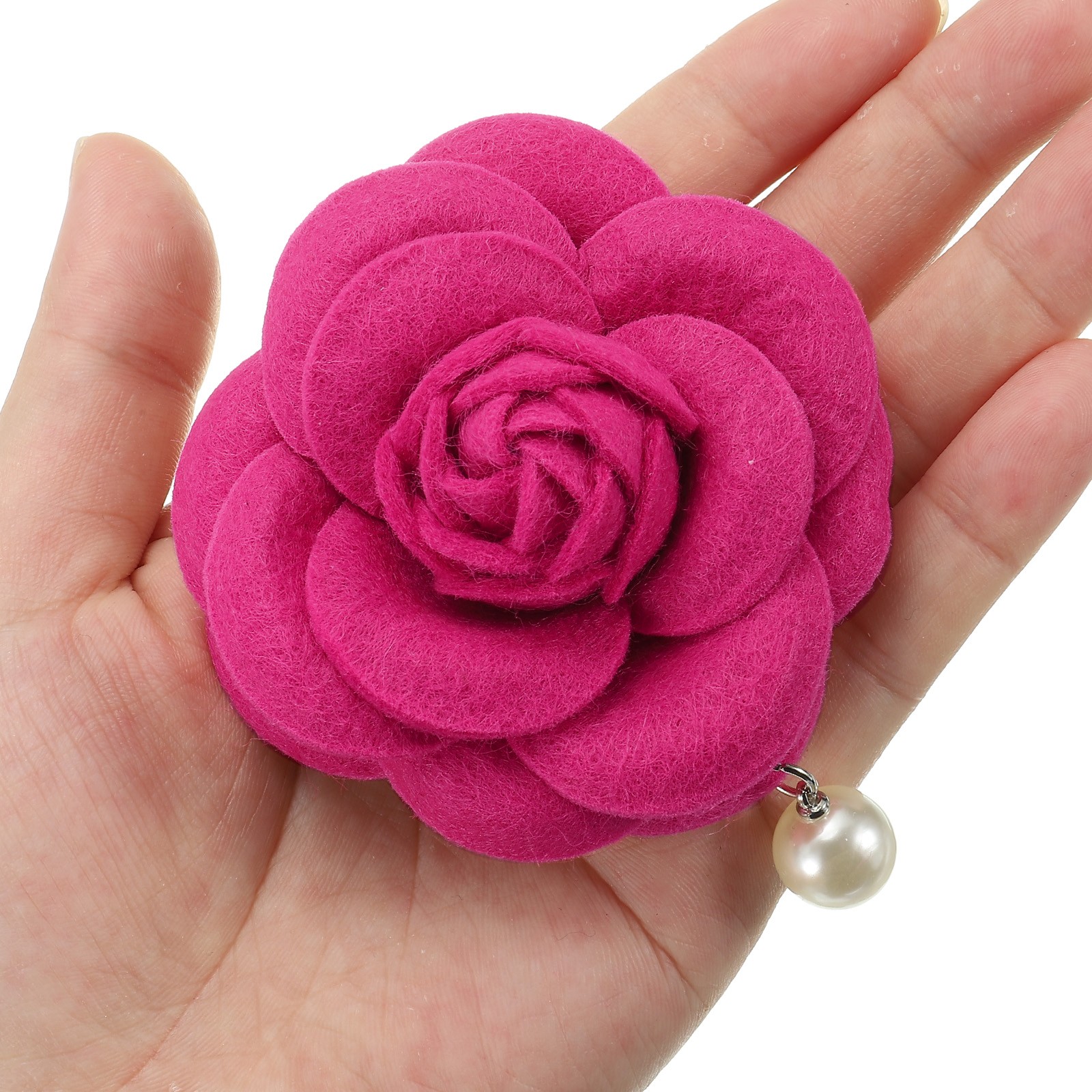 Camellia Flower Brooches Fabric Artificial Pearl Floral Pins for Women Plum Red