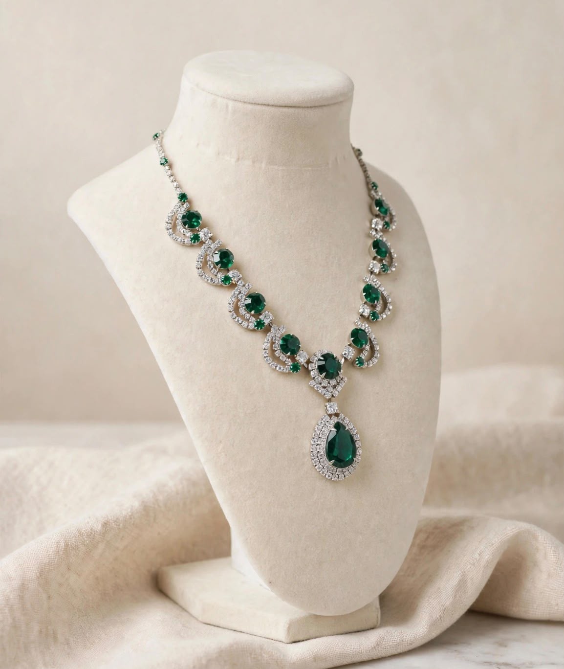 Green Teardrop Crystal Pendant Statement Necklace Silver Tone Metal Chain