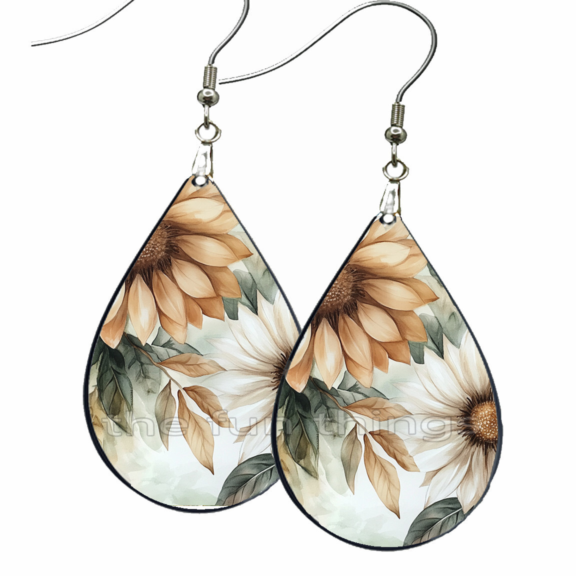 Romantic Floral Blooms Earrings Teardrop NO TARNISH Wood Dangle Tan Flowers