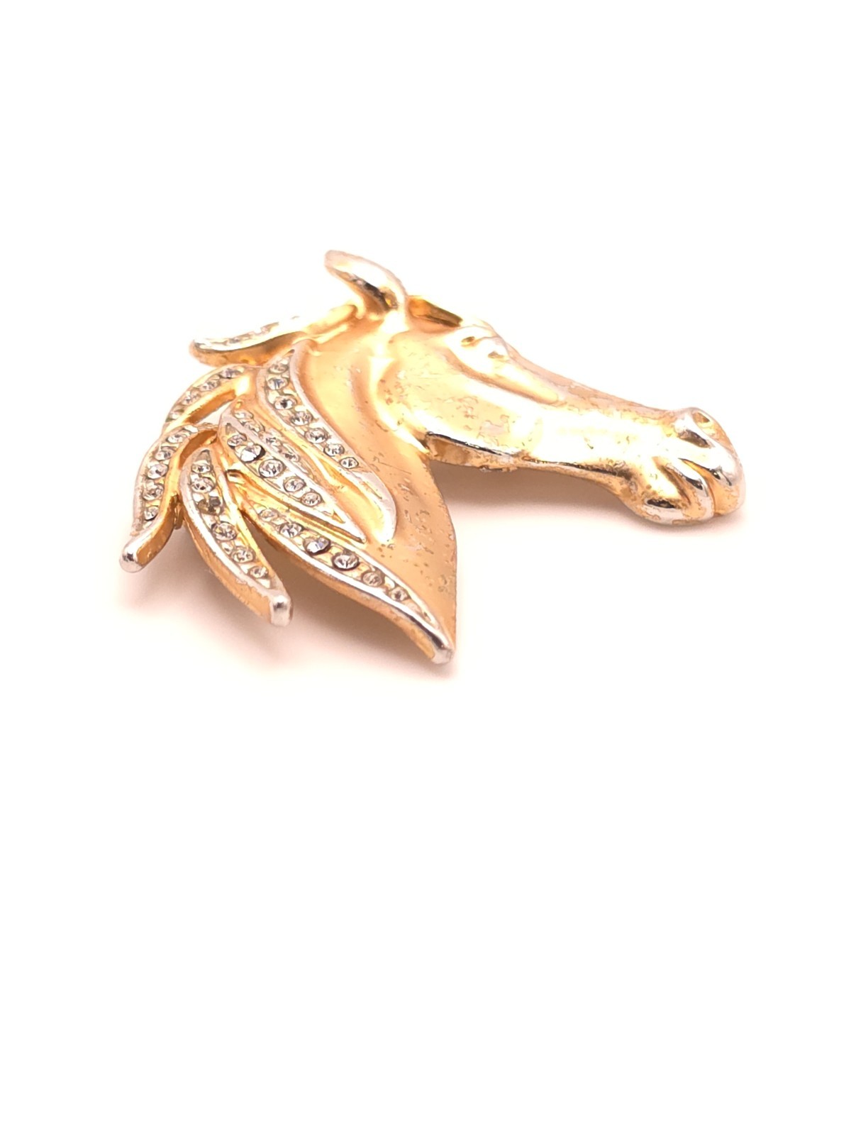 Vintqge Gold Tone Horse Head Clear Round Crystal Rhinestone Brooch Pin